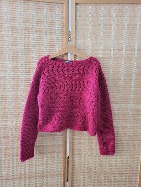 Girl's Open-Knit Crewneck Sweater - Fuchsia